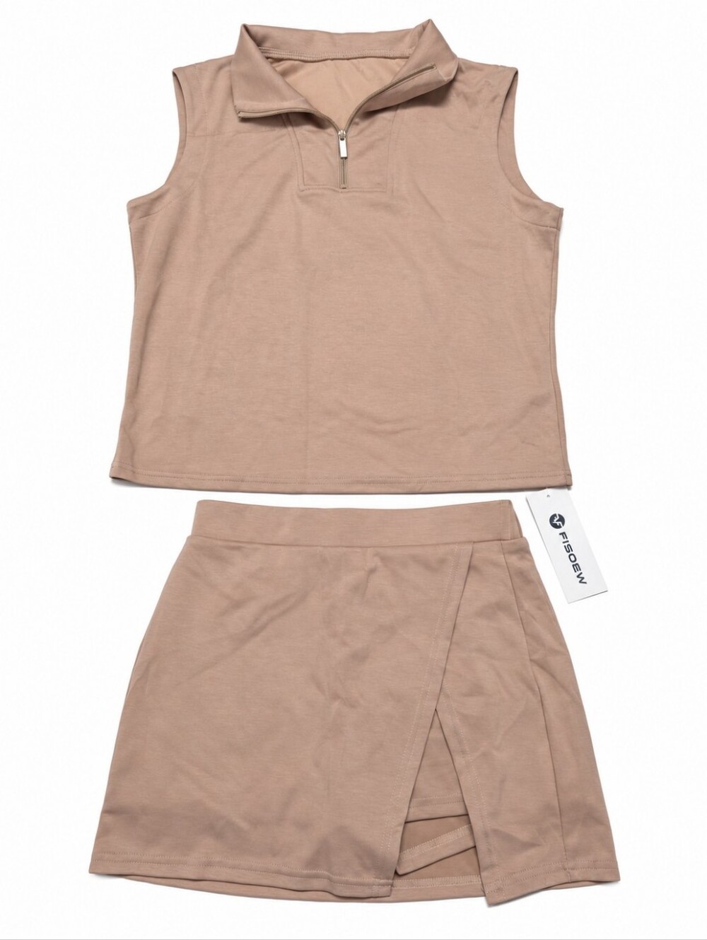 FISOEW Khaki 2 Piece Quarter Zip Sleeveless Top & Skort Set Size Medium NWT